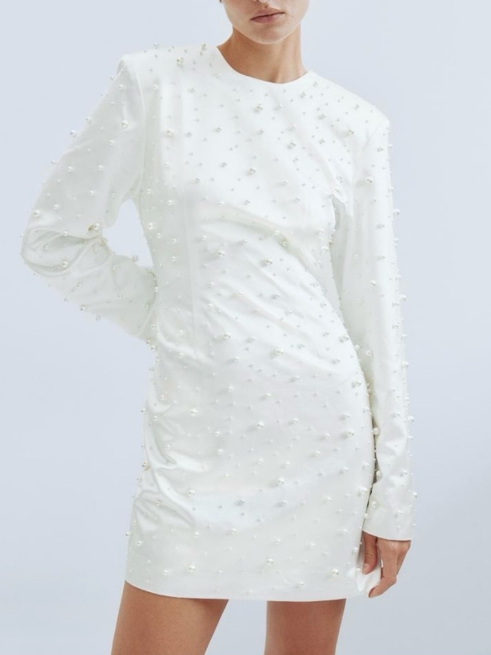 H&M White Embellished Pearl Long-Sleeve Mini Dress